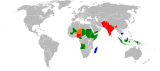 Cases of polio in 2005 (top) and 2019 (bottom). Red: endemic; orange: re-established; green: imported; blue: vaccine derived; grey: none