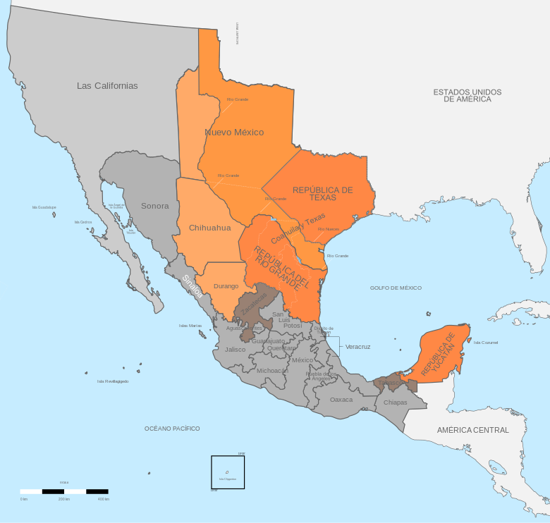 Mexican departments created in 1836 (shown after 1845 Texas independence), Las Californias at far left in gray.