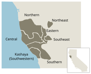 The seven Pomoan languages with an indication of their pre-contact distribution within California. Of the current speakers of these languages, many live within the same areas.