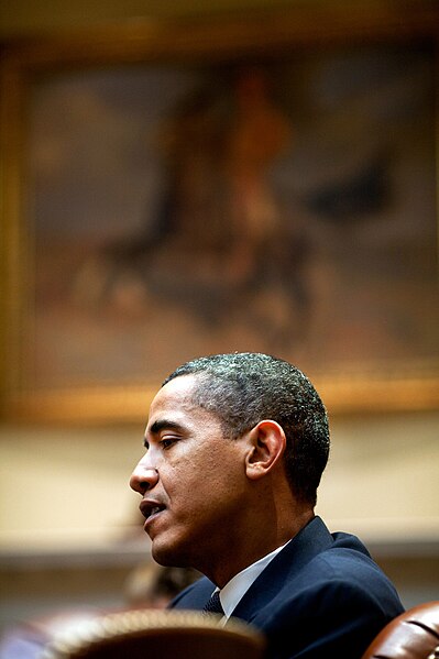 File:President Barack Obama listens to a question during a roundtable discussion with Hispanic print and web media in the Roosevelt Room of the White House.jpg