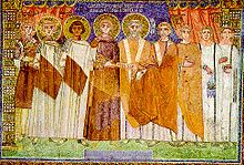 Mosaic panel of Emperor Constantine IV granting privileges to the Church of Ravenna Privil classe.jpg