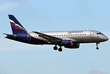 Sukhoi Superjet 100 of Aeroflot displaying the Russian flag on its tail RA-89098 Aeroflot Russian International Airlines Sukhoi Superjet 100.jpg