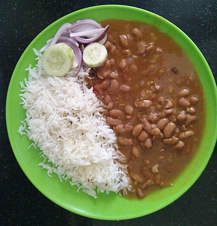 Rajma-chawal, curried red kidney beans with steamed rice[why?]