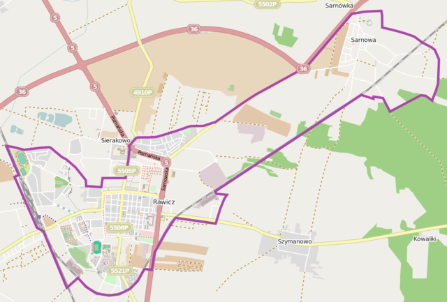 Mapa konturowa Rawicza, blisko centrum po lewej na dole znajduje się punkt z opisem „Kościół Chrystusa Króla i Zwiastowania Najświętszej Maryi Panny w Rawiczu”