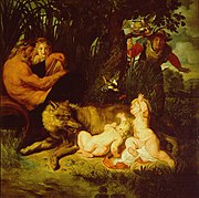 Faustulus (to the right of picture) discovers Romulus and Remus with the she-wolf and woodpecker. Their mother Rhea Silvia and the river-god Tiberinus witness the moment. Painting by Peter Paul Rubens, c. 1616 (Capitoline Museums)