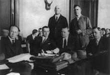 Arbuckle and his defense lawyers at the first trial, November 1921