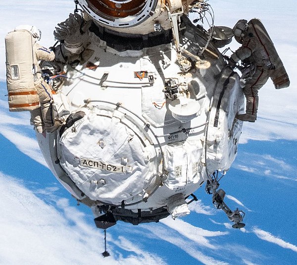 Forward view of Prichal and attached to it from the Cupola, during the Russian VKD-51 spacewalk in January 2022.