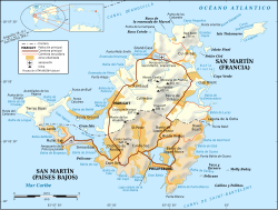 Mapa de la isla de San Martín con Saint-Martin en la zona norte.