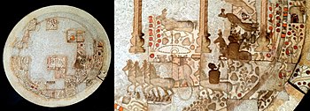 The plate found in Ai-Khanoum, thought to represent the myth of Shakuntala (with reconstitution). Sakuntala plate reconstitution.jpg