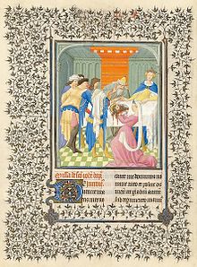 Limbourg brothers, Salome Presents the Head of John the Baptist at the Banquet of Herod, 1405–1408-09. Belles Heures of Jean de France, Duc de Berry, fol. 212v