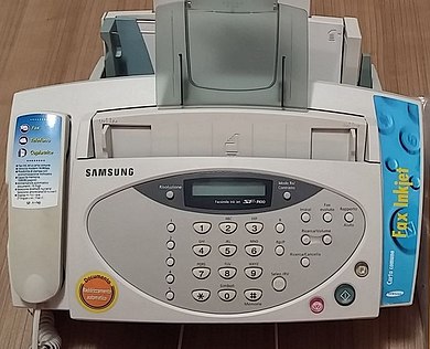 A fax machine from 1999 employing inkjet printing, which was modern for fax machines at that time. Samsung SF-3100 Inkjet Fax Machine.jpg