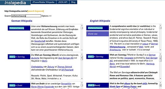 Screenshot of instapedia.com: Auto-complete style multi-language simultaneous Wikipedia search