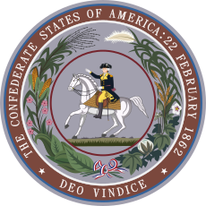 Equestrian portrait of Washington (after the statue which surmounts his monument in the capitol square, at Richmond,) surrounded with a wreath composed of the principal agricultural products of the Confederacy, (cotton, tobacco, sugar cane, corn, wheat and rice,) and having around its margin the words: "The Confederate States of America, twenty-second February, eighteen hundred and sixty-two," with the following motto: "Deo vindice"