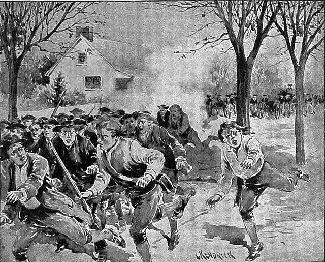 Shays' rebel forces, attempting to overtake the armory, flee from the state militia as grape shot is fired from artillery