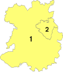 The ceremonial county and unitary authorities from 1 April 2009; the larger "Shropshire" unitary authority (1) and Telford and Wrekin (2) Shropshire numbered districts.svg