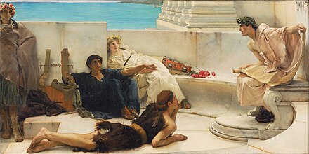 A Reading from Homer, oil on canvas, 91.8 cm x 183.5 cm (36.1 in x 72.2 in), Philadelphia Museum of Art Sir Lawrence Alma-Tadema, English (born Netherlands) - A Reading from Homer - Google Art Project.jpg