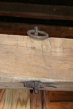 This shackle ring in the second-floor joist was used to secure male slaves in the pen Slave pen shackle ring.jpg