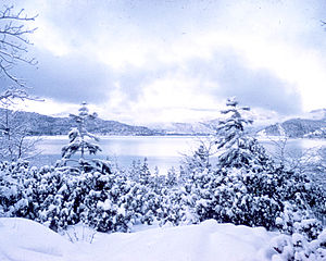 Snowfall on a lake