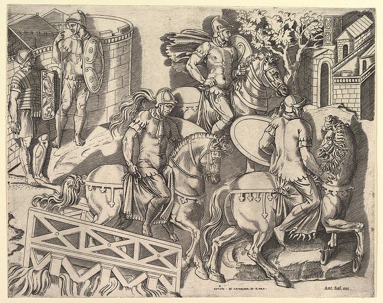 File:Speculum Romanae Magnificentiae- Roman Horsemen Crossing a Bridge (from Trajan's Column) MET DP820285.jpg