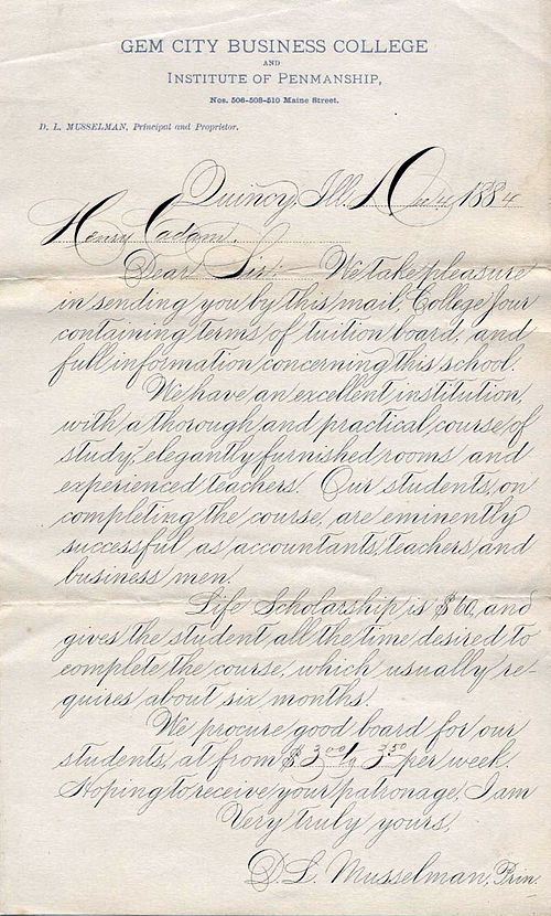 Example of classic American business cursive handwriting known as Spencerian script, from 1884