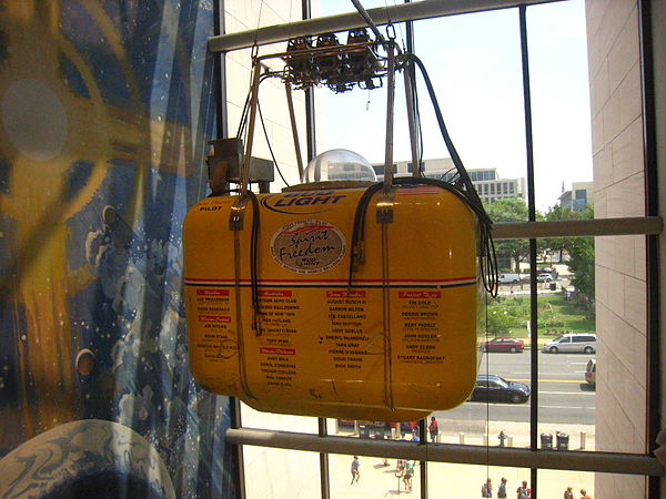 Spirit of Freedom balloon gondola on display at the National Air and Space Museum