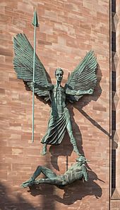 St Michael's Victory over the Devil, a sculpture by Jacob Epstein. St Michael's victory over the Devil by Sir Jacob Epstein, Coventry Cathedral.jpg