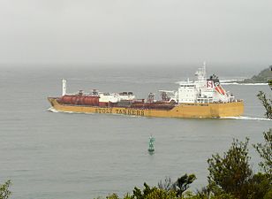 Packet tanker MV Stolt Sea departing Sydney Harbour on a rainy afternoon as seen from Middle Head.