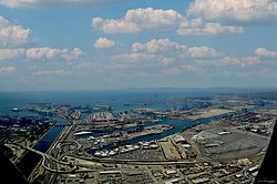 Terminal Island, which includes Federal Correctional Institution, Terminal Island. Gerald Desmond Bridge is also visible in the background.