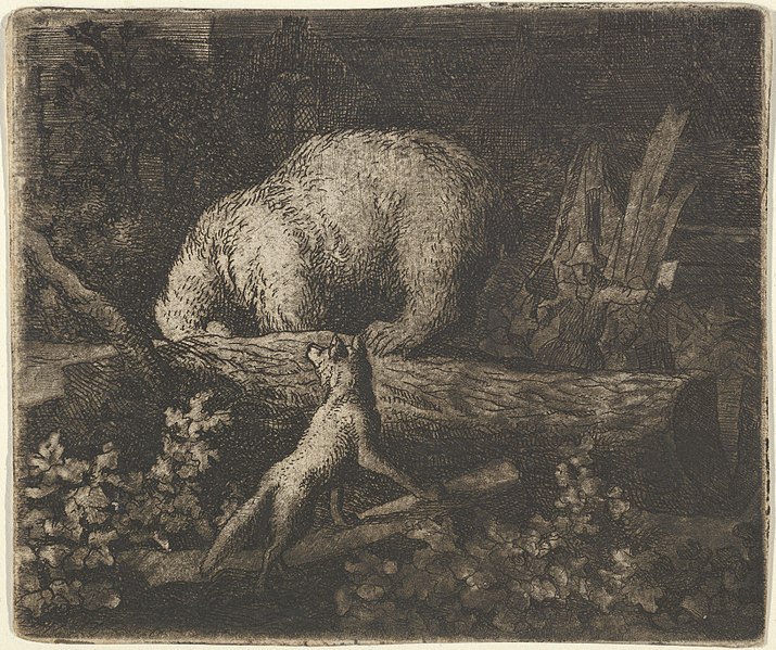 File:The Bear with His Snout and Forepaws Caught in the Trunk of a Tree from Hendrick van Alcmar's Renard The Fox MET DP837701.jpg