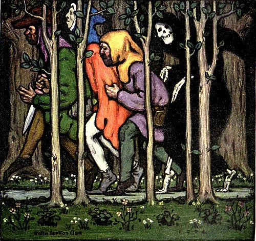 The Canterbury tales of Geoffrey Chaucer - The three Rogues search in the woods for Death.jpg
