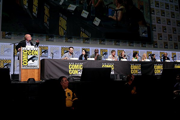 Cast and crew of The Defenders at the 2017 San Diego Comic-Con. From left to right: executive producer Jeph Loeb, stars Charlie Cox, Krysten Ritter, M