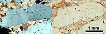 Fluorapatite grains in carbonate groundmass. Photomicrographs of thin section from Siilinjarvi apatite ore. Thin section microscopy Siilinjarvi R301 6170 apatite.jpg