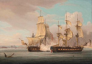 Thomas Whitcombe - HMS Crescent, under the command of Captain James Saumarez, capturing the French frigate Réunion off Cherbourg, 20 October 1793 CSK 2017.jpg