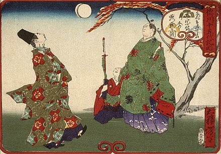 "Asukai Masanori Teaching Tokugawa Yoshimune to Play Kemari." Ukiyo-e printed by Tsukioka Yoshitoshi.