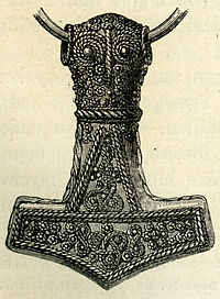 Thor's hammer from Bredsättra: A 4.6 cm gold-plated silver Mjolnir pendant from Bredsättra parish, Runsten hundred, Borgholm municipality, Öland, Kalmar county, Sweden.