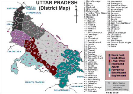 Regions of Uttar Pradesh with Bundelkhand is in light blue UP region map.gif