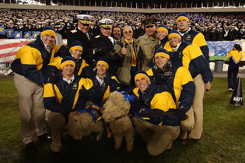 File:US Navy 031206-N-2383B-151 Navy Midshipmen mascot care takers pose for a photo with Vice Adm. Rodney Rempt, Superintendent of the U.S. Naval Academy, Adm. Vern Clark, Chief of Naval Operations (CNO), the Honorable Gordon R. Eng.jpg