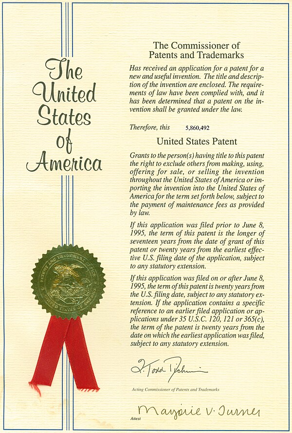 A patent issued by the U.S. Patent and Trademark Office