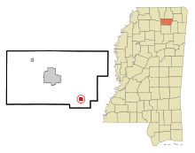 Union County Mississippi Sisällytetyt ja rekisteröimättömät alueet Blue Springs Highlighted.svg