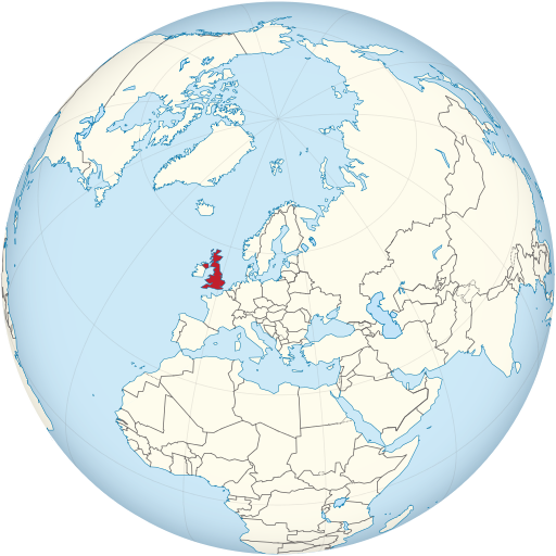 United Kingdom on the globe (Europe centered)