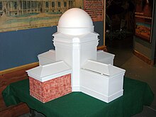 A model of the Utah Territorial Statehouse as originally conceived by architect Truman O. Angell. The red area represents the portion of the building that was actually completed. Utah Territorial Statehouse model at Iron Mission State Park.jpg