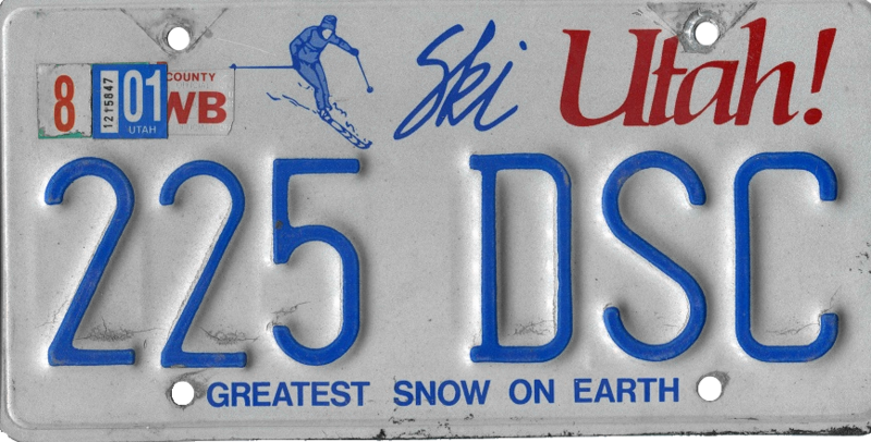 File:Utah license plate, 1985–1990 series with August 2001 sticker.png