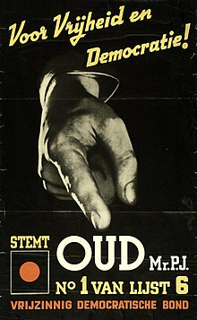 1937 poster created by the VDB, declaring a vote for the VDB is "a vote for Freedom and Democracy". VDB 1937.jpg