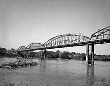 VIEW SHOWING SOUTH SIDE OF BRIDGE, LOOKING NORTHWEST FROM EAST BANK OF RIVER - Old St. Charles Bridge, On Route 115, Saint Charles, St. Charles County, MO (cut).jpg