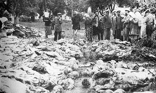 People of Vinnytsia searching through the exhumed victims of the Vinnytsia massacre, 1943