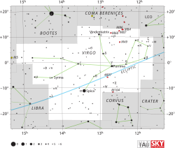 Diagram showing star positions and boundaries of the Virgo constellation and its surroundings