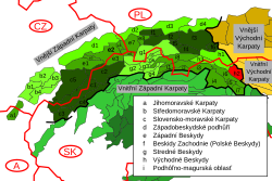 Čergov v rámci Karpat, vyznačen červeně