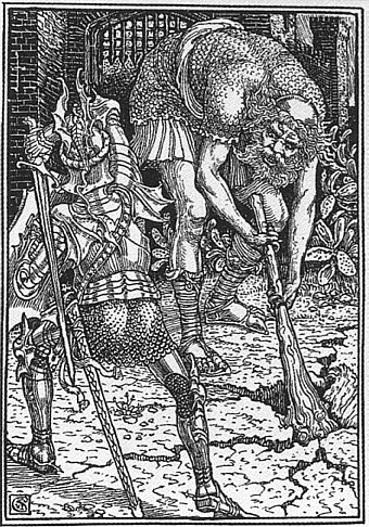 King Arthur faces a giant in this engraving by Walter Crane.
