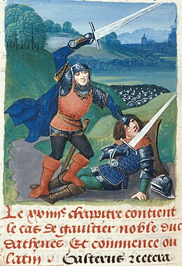 The death of Walter VI, Count of Brienne in 1356 at the Battle of Poitiers, from one of Edward IV's histories, Royal MS 14 E v f.499v Walter VI of Brienne Death 1356.jpg