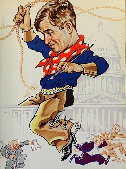 Will Rogers caricature on a print advertisement for the film Down to Earth, from The Film Daily, 1932
